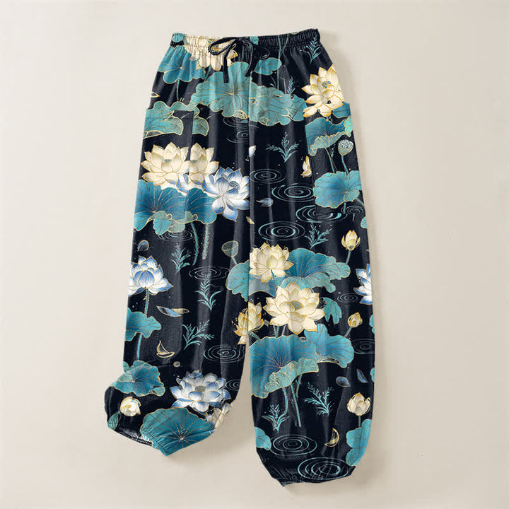Buddha Stones Pantaloni harem da donna in cotone con motivo a foglie di loto e vita elasticizzata, con tasche laterali. - image 3