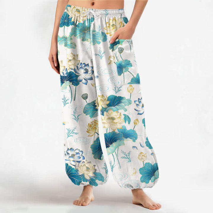 Buddha Stones Pantaloni harem da donna in cotone con motivo a foglie di loto e vita elasticizzata, con tasche laterali. - Bianco - US16, UK/AU20, EU48 (3XL) - image 7