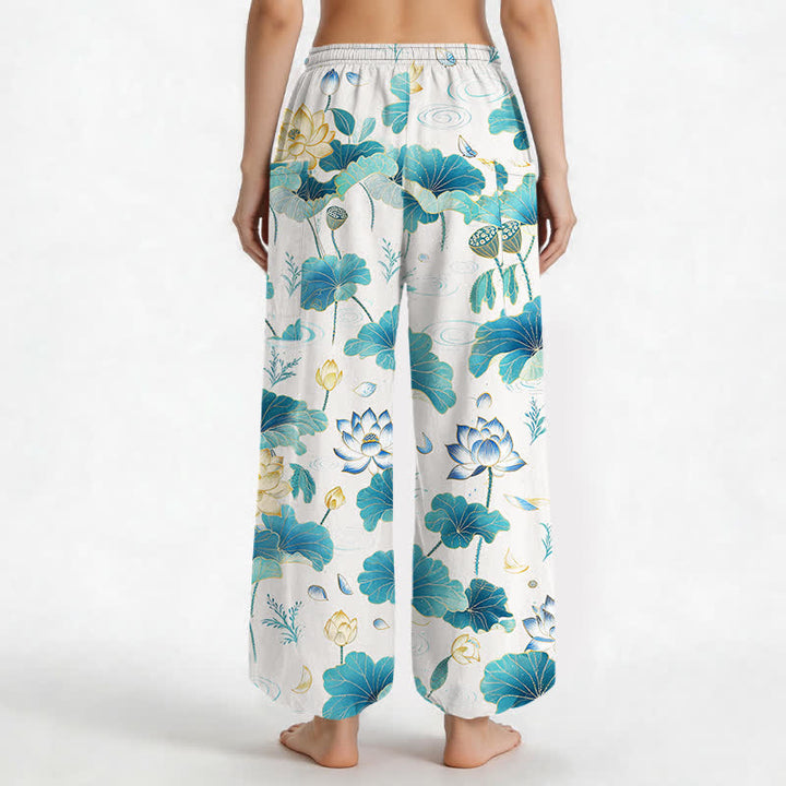 Buddha Stones Pantaloni harem da donna in cotone con motivo a foglie di loto e vita elasticizzata, con tasche laterali. - image 9