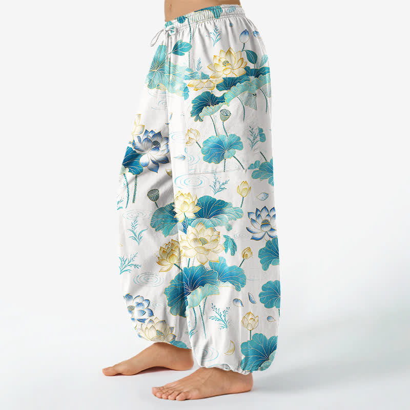 Buddha Stones Pantaloni harem da donna in cotone con motivo a foglie di loto e vita elasticizzata, con tasche laterali. - image 8