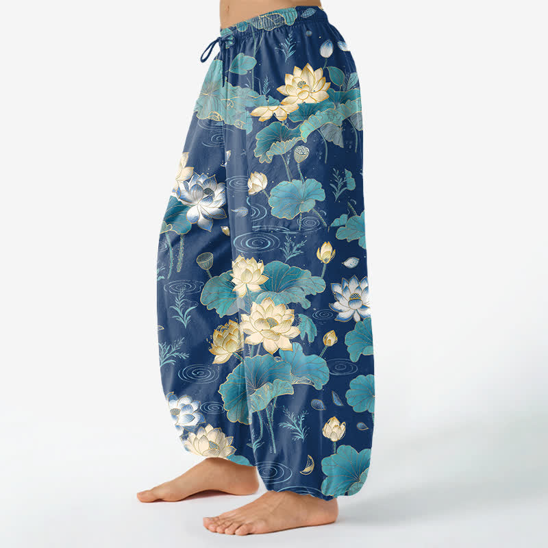 Buddha Stones Pantaloni harem da donna in cotone con motivo a foglie di loto e vita elasticizzata, con tasche laterali. - image 11