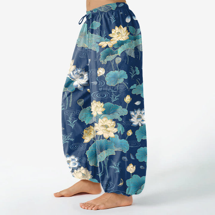 Buddha Stones Pantaloni harem da donna in cotone con motivo a foglie di loto e vita elasticizzata, con tasche laterali. - image 11