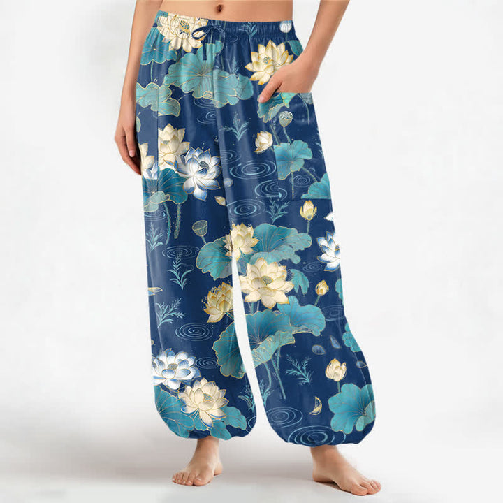 Buddha Stones Pantaloni harem da donna in cotone con motivo a foglie di loto e vita elasticizzata, con tasche laterali. - Blu reale - US16, UK/AU20, EU48 (3XL) - image 10