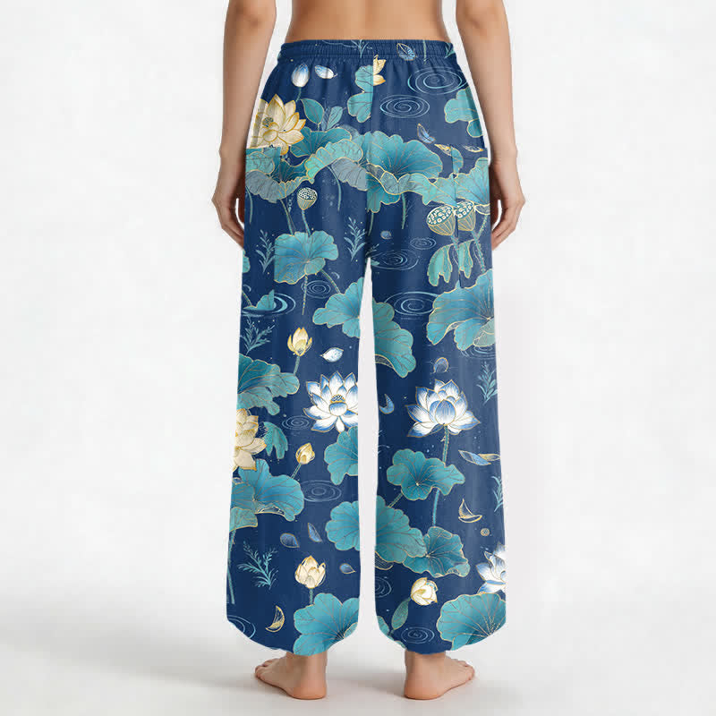 Buddha Stones Pantaloni harem da donna in cotone con motivo a foglie di loto e vita elasticizzata, con tasche laterali. - image 12
