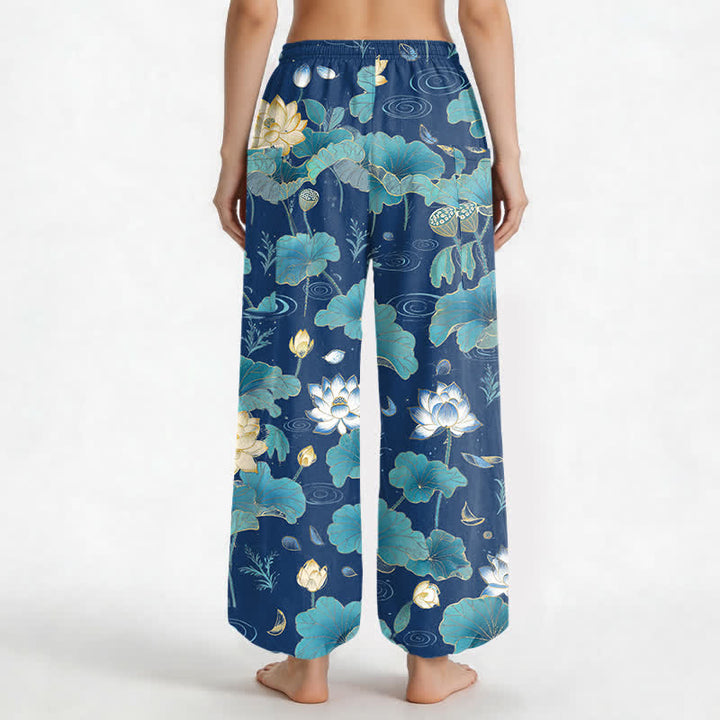 Buddha Stones Pantaloni harem da donna in cotone con motivo a foglie di loto e vita elasticizzata, con tasche laterali. - image 12