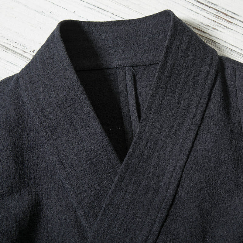 Buddha Stones Kimono da uomo minimalista in cotone tinta unita con scollo a V e coulisse, ideale per autunno/inverno. - image 2