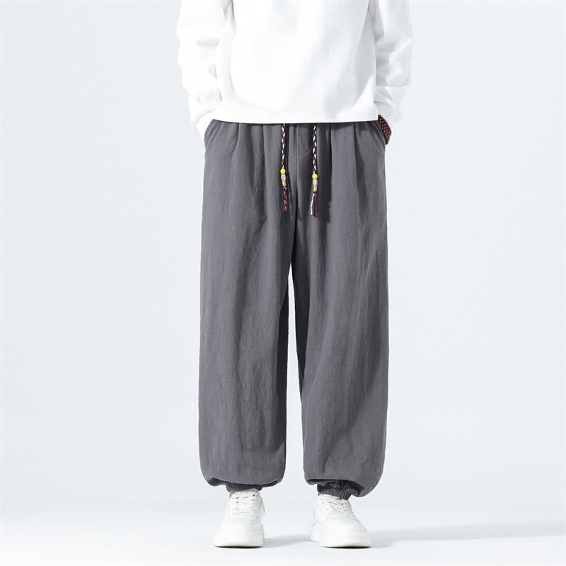 Buddha Stones Pantaloni alla caviglia da uomo in cotone tinta unita, casual, minimalisti, con coulisse, per primavera/estate. Pantaloni affusolati con tasche. - Grigio tenue - US/UK/AU46, EU56 (5XL) - image 17