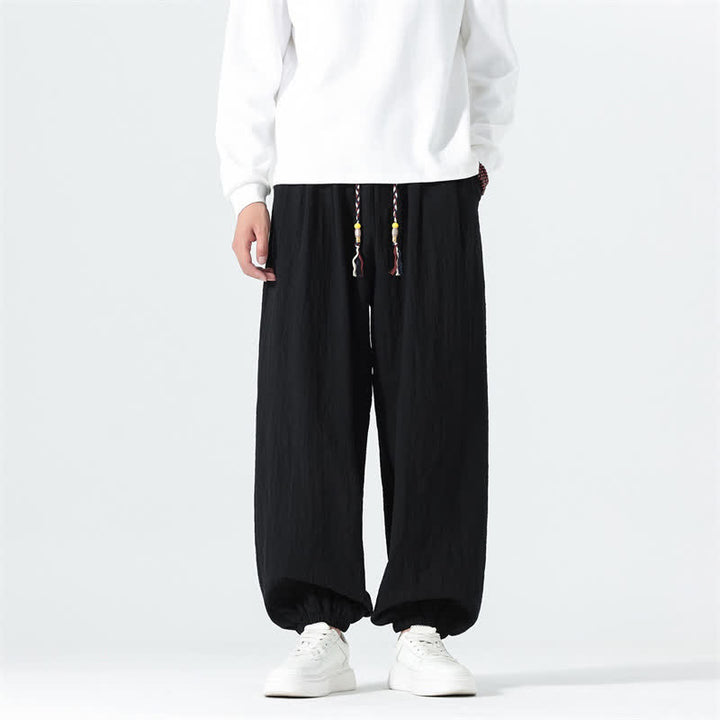 Buddha Stones Pantaloni alla caviglia da uomo in cotone tinta unita, casual, minimalisti, con coulisse, per primavera/estate. Pantaloni affusolati con tasche. - Nero - US/UK/AU46, EU56 (5XL) - image 8