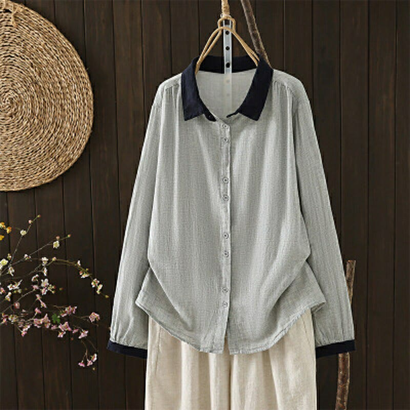 Buddha Stones Camicie da donna a maniche lunghe, stile primaverile, casual, vintage, con bottoni e colletto a contrasto. - Argento - US12, UK/AU16, EU44 (3XL) - image 10