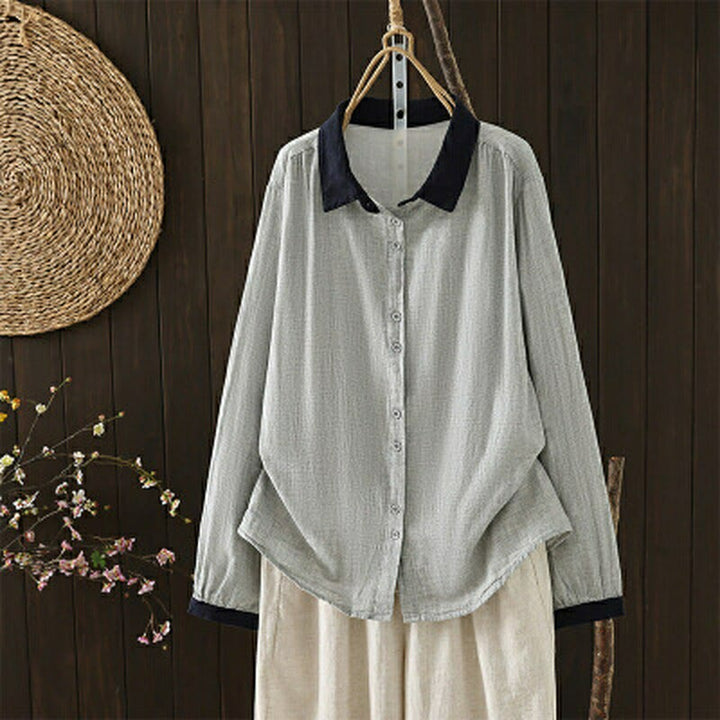 Buddha Stones Camicie da donna a maniche lunghe, stile primaverile, casual, vintage, con bottoni e colletto a contrasto. - Argento - US12, UK/AU16, EU44 (3XL) - image 10
