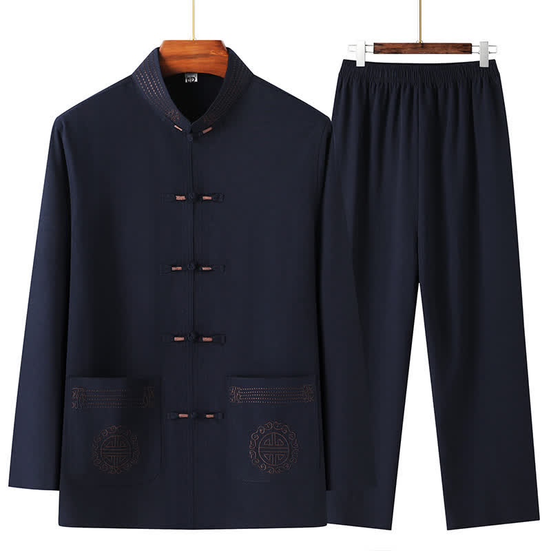 Buddha Stones Completo da uomo primavera autunno stile Tang, casual, con colletto alla coreana, bottoni a rana, tinta unita, camicia e pantaloni, abbigliamento da meditazione con tasche. - Blu notte - US/UK/AU44, EU54 (4XL) - image 8