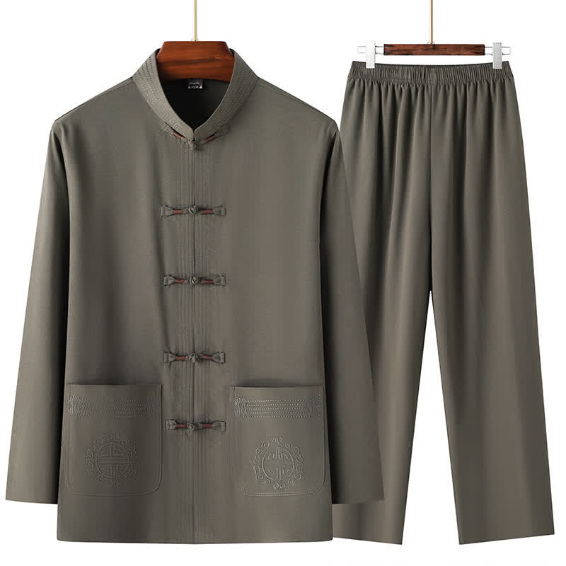 Buddha Stones Completo da uomo primavera autunno stile Tang, casual, con colletto alla coreana, bottoni a rana, tinta unita, camicia e pantaloni, abbigliamento da meditazione con tasche. - Verde oliva scuro - US/UK/AU44, EU54 (4XL) - image 10