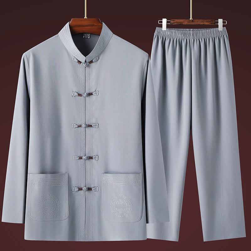 Buddha Stones Completo da uomo primavera autunno stile Tang, casual, con colletto alla coreana, bottoni a rana, tinta unita, camicia e pantaloni, abbigliamento da meditazione con tasche. - Grigio chiaro - US/UK/AU44, EU54 (4XL) - image 12