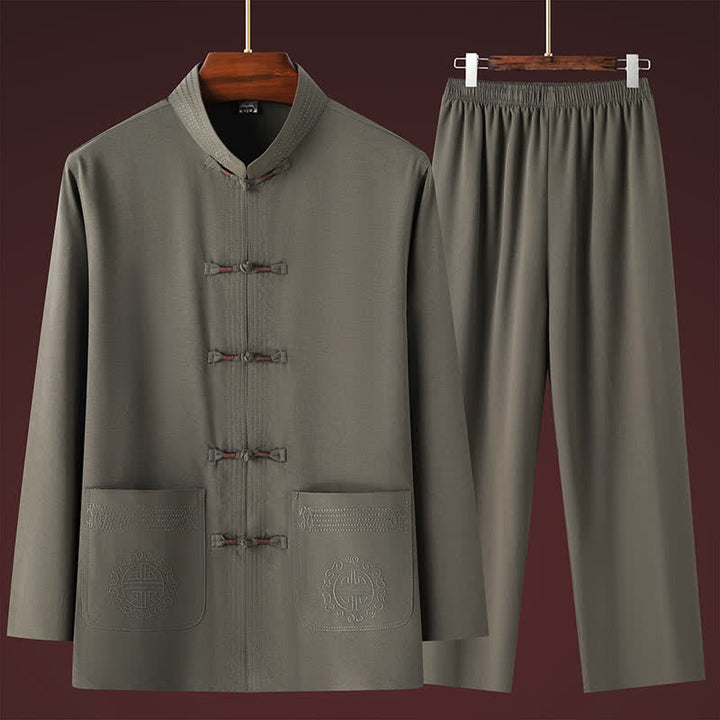 Buddha Stones Completo da uomo primavera autunno stile Tang, casual, con colletto alla coreana, bottoni a rana, tinta unita, camicia e pantaloni, abbigliamento da meditazione con tasche. - image 11