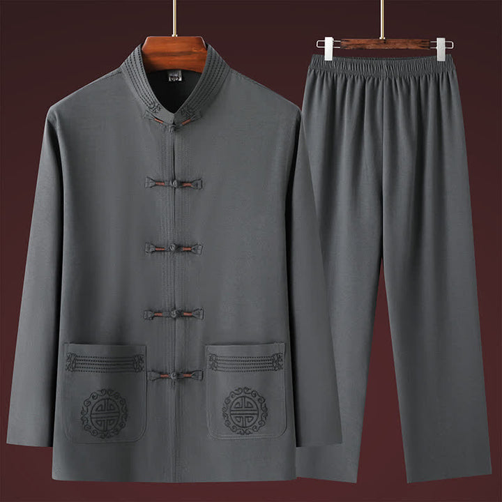 Buddha Stones Completo da uomo primavera autunno stile Tang, casual, con colletto alla coreana, bottoni a rana, tinta unita, camicia e pantaloni, abbigliamento da meditazione con tasche. - image 1