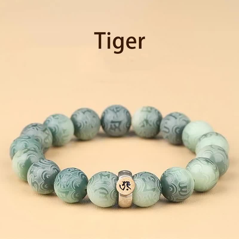Braccialetto della saggezza inciso Buddha Stones, zodiaco cinese, seme di Bodhi, Om Mani, Padme Hum. - Tigre - 12 mm (circonferenza del polso 14-17 cm) - image 4