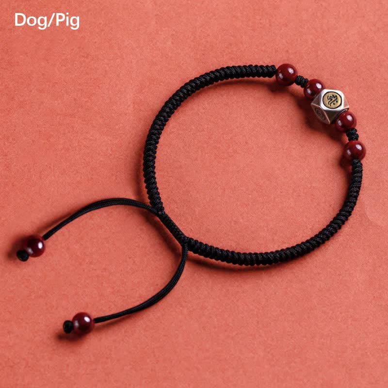 Braccialetto Buddha Stones in argento sterling 925 e ciondolo con segno zodiacale cinese in cinabro, simbolo di calma. - Cane/Maiale - Nero (circonferenza del polso 14-18 cm) - image 24