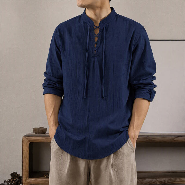 Buddha Stones Camicia da uomo a maniche lunghe in cotone e lino, stile casual, con coulisse, ideale per primavera e autunno. - Blu mezzanotte - US/UK/AU42, EU52 (3XL) - image 0