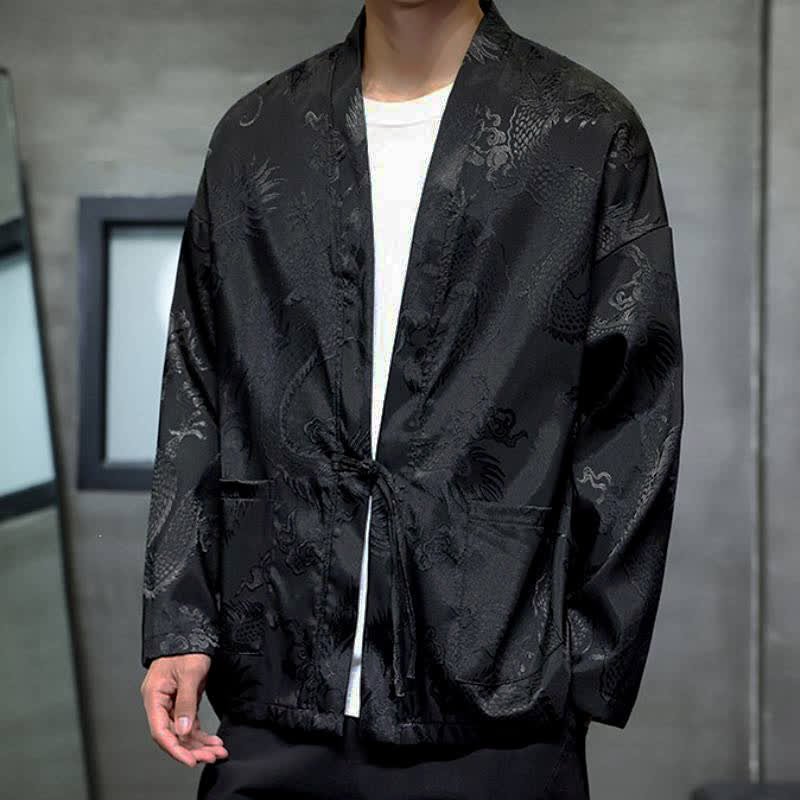 Buddha Stones Kimono da uomo stile vintage Tang con coulisse e motivo jacquard a drago, con tasca, ideale per l'autunno. - image 2
