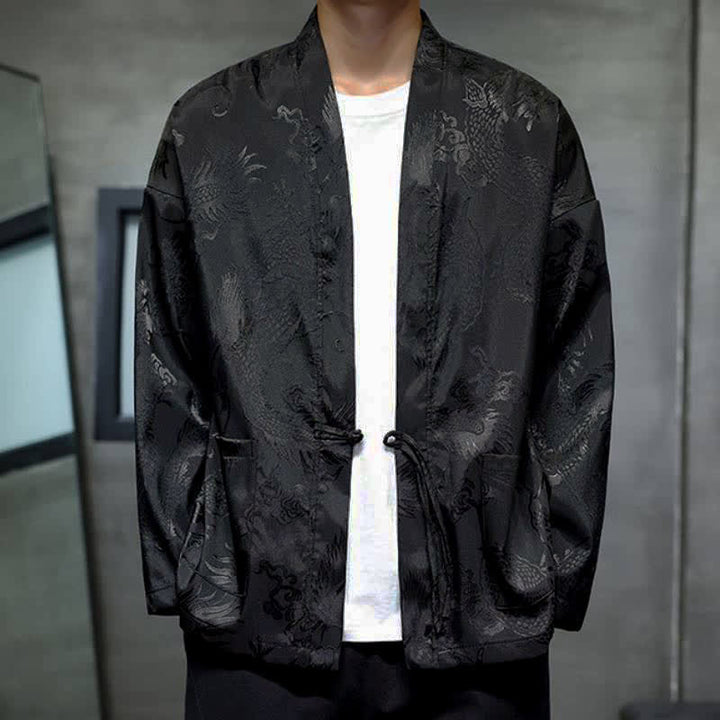 Buddha Stones Kimono da uomo stile vintage Tang con coulisse e motivo jacquard a drago, con tasca, ideale per l'autunno. - Nero - US/UK/AU46, EU56 (5XL) - image 0