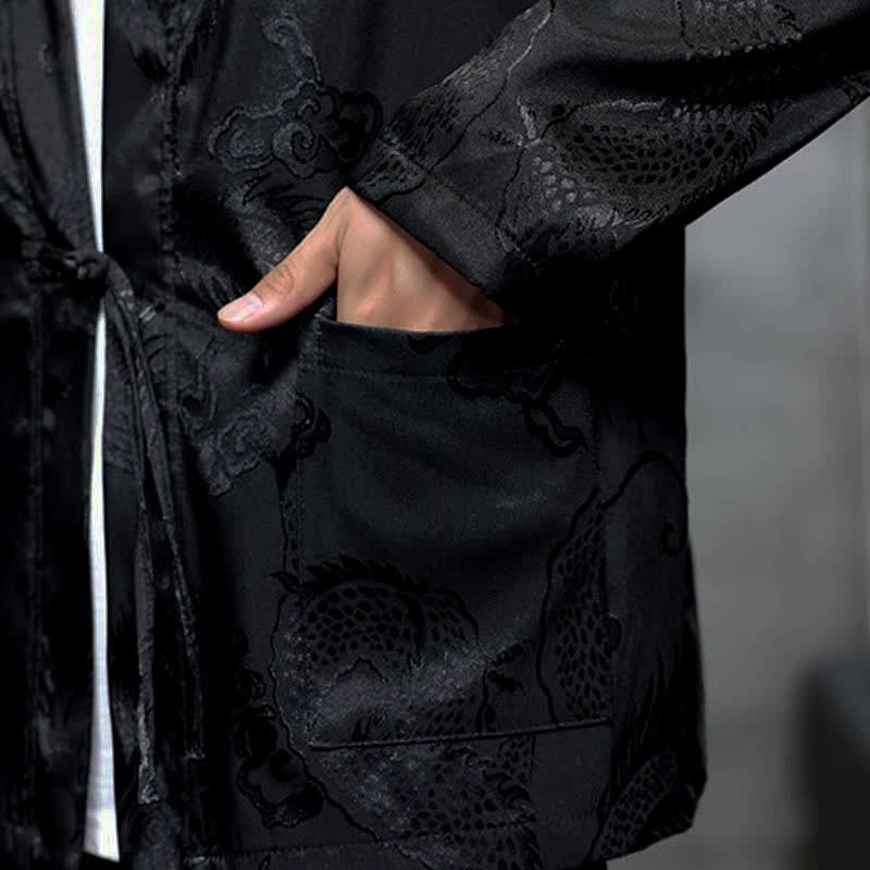 Buddha Stones Kimono da uomo stile vintage Tang con coulisse e motivo jacquard a drago, con tasca, ideale per l'autunno. - image 9