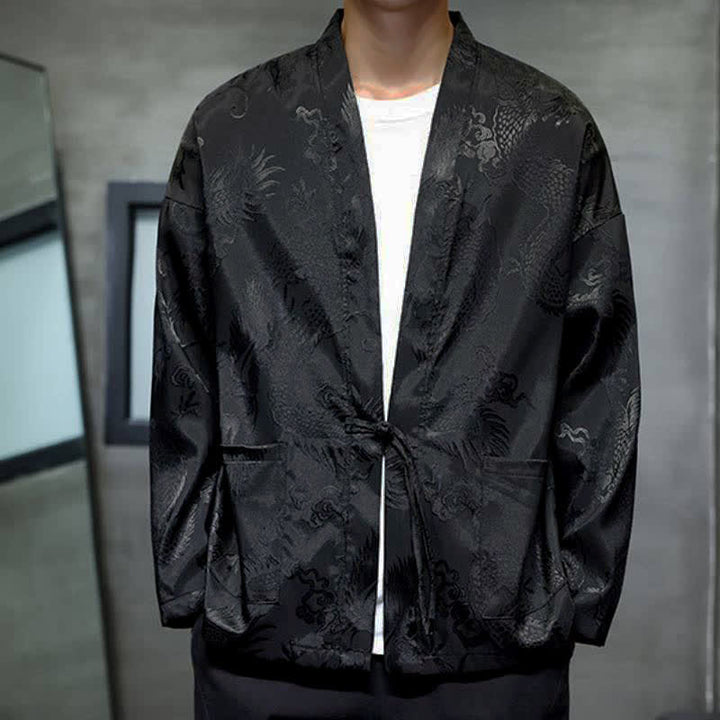 Buddha Stones Kimono da uomo stile vintage Tang con coulisse e motivo jacquard a drago, con tasca, ideale per l'autunno. - image 3