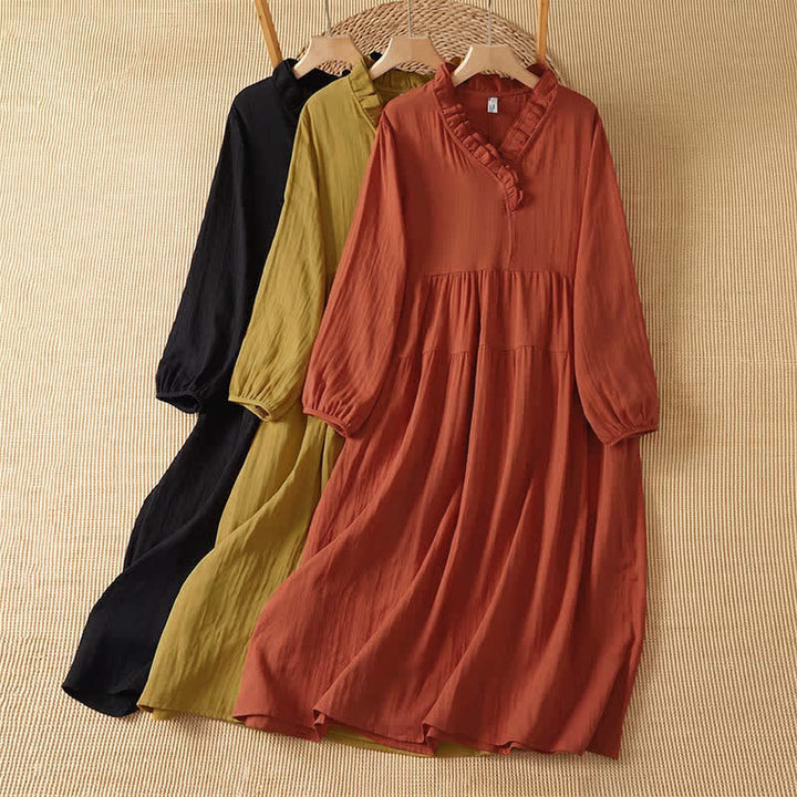 Buddha Stones Abito da donna autunnale vintage boho a maniche lunghe con scollo a V e tasca, tinta unita. - image 14