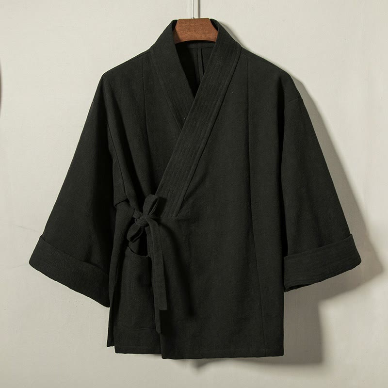 Buddha Stones Kimono da uomo minimalista in cotone tinta unita con scollo a V e coulisse, ideale per autunno/inverno. - Nero - US/UK/AU44, EU54 (4XL) - image 8