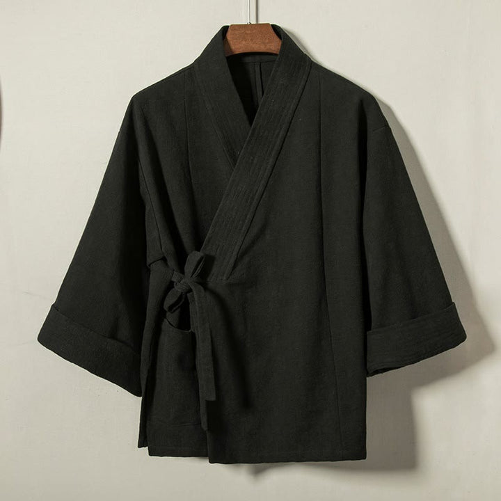 Buddha Stones Kimono da uomo minimalista in cotone tinta unita con scollo a V e coulisse, ideale per autunno/inverno. - Nero - US/UK/AU44, EU54 (4XL) - image 8