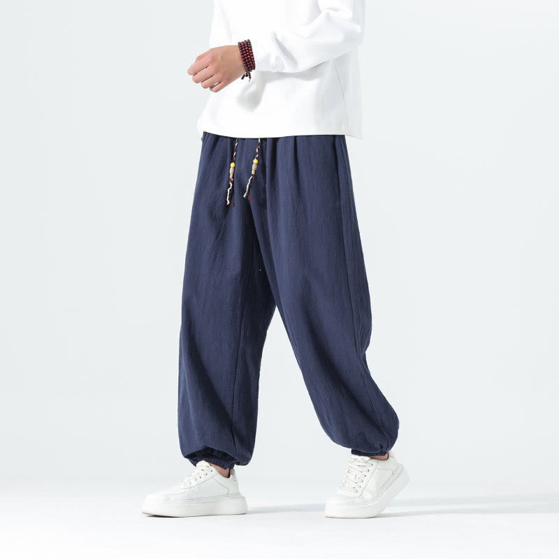Buddha Stones Pantaloni alla caviglia da uomo in cotone tinta unita, casual, minimalisti, con coulisse, per primavera/estate. Pantaloni affusolati con tasche. - image 2