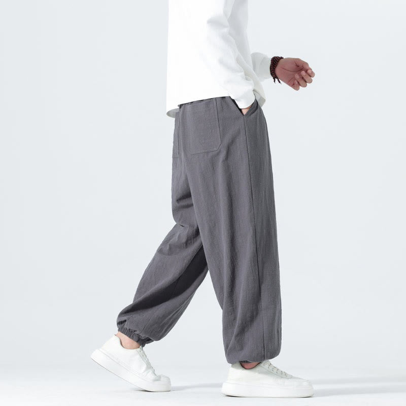 Buddha Stones Pantaloni alla caviglia da uomo in cotone tinta unita, casual, minimalisti, con coulisse, per primavera/estate. Pantaloni affusolati con tasche. - image 19