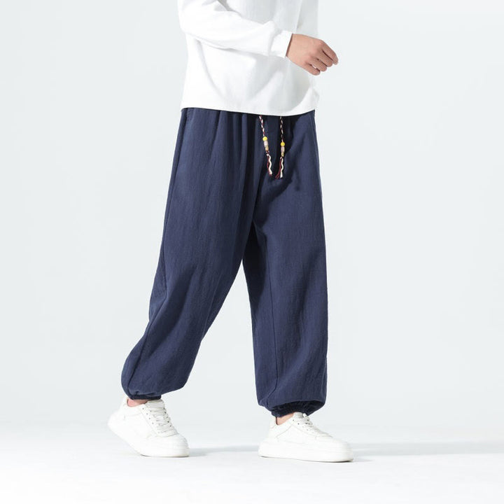 Buddha Stones Pantaloni alla caviglia da uomo in cotone tinta unita, casual, minimalisti, con coulisse, per primavera/estate. Pantaloni affusolati con tasche. - image 1