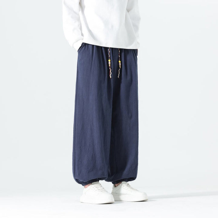 Buddha Stones Pantaloni alla caviglia da uomo in cotone tinta unita, casual, minimalisti, con coulisse, per primavera/estate. Pantaloni affusolati con tasche. - image 5