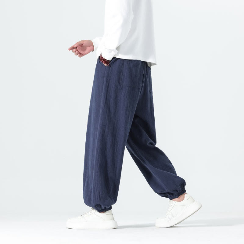 Buddha Stones Pantaloni alla caviglia da uomo in cotone tinta unita, casual, minimalisti, con coulisse, per primavera/estate. Pantaloni affusolati con tasche. - image 4