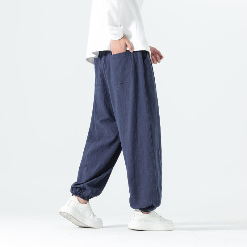 Buddha Stones Pantaloni alla caviglia da uomo in cotone tinta unita, casual, minimalisti, con coulisse, per primavera/estate. Pantaloni affusolati con tasche. - image 3