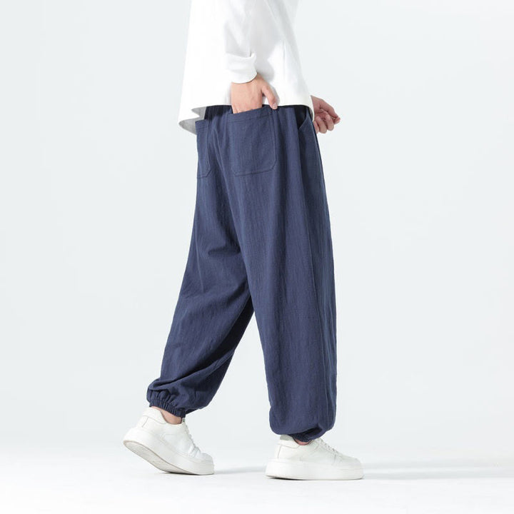 Buddha Stones Pantaloni alla caviglia da uomo in cotone tinta unita, casual, minimalisti, con coulisse, per primavera/estate. Pantaloni affusolati con tasche. - image 3