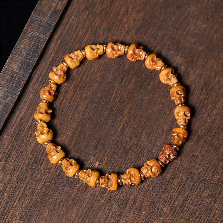 Buddha Stones Bracciale tibetano "Nuovo Inizio" con teschio intagliato a mano in osso. - Perla d'osso - image 0