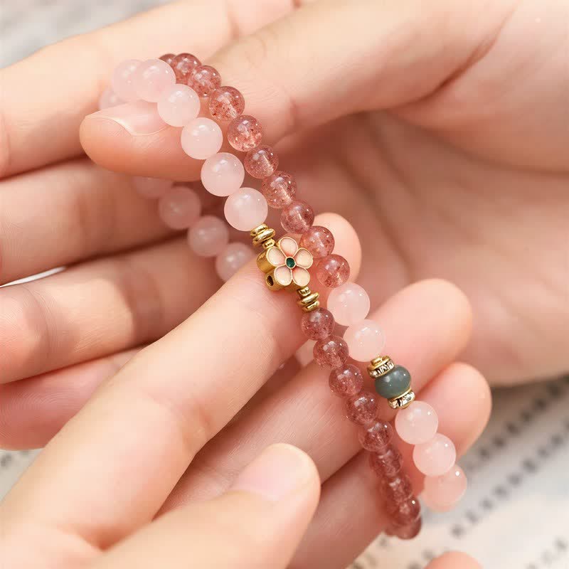 Buddha Stones Bracciale doppio giro con quarzo fragola naturale, quarzo rosa, fiore di pesco e amore - image 4