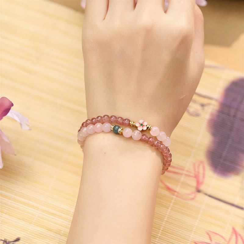 Buddha Stones Bracciale doppio giro con quarzo fragola naturale, quarzo rosa, fiore di pesco e amore - image 2