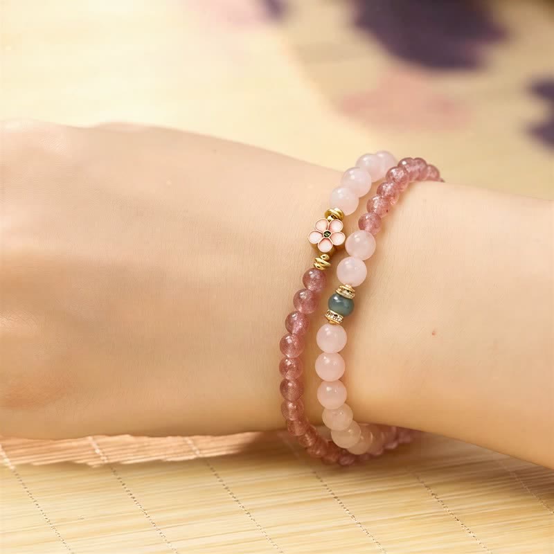 Buddha Stones Bracciale doppio giro con quarzo fragola naturale, quarzo rosa, fiore di pesco e amore - image 3
