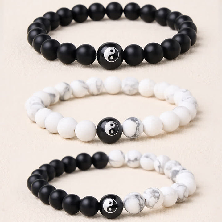 Buddha Stones Bracciale con perline rotonde Yin Yang in onice nera, turchese bianco e ossidiana nera, con motivo Yin Yang. - image 0