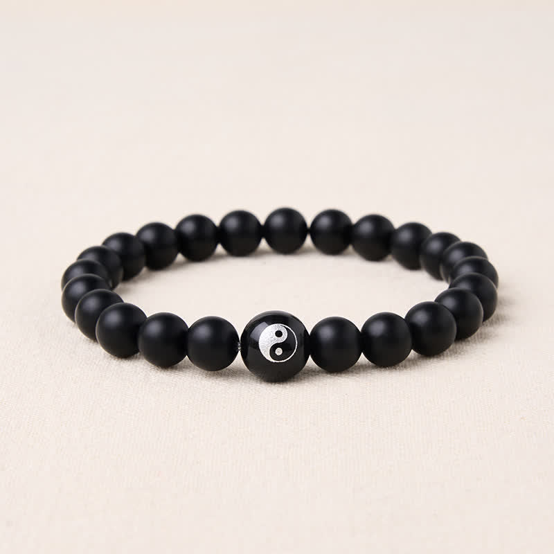 Buddha Stones Bracciale con perline rotonde Yin Yang in onice nera, turchese bianco e ossidiana nera, con motivo Yin Yang. - Onice Nero - 5,9–6,3 pollici (15–16 cm) - image 1