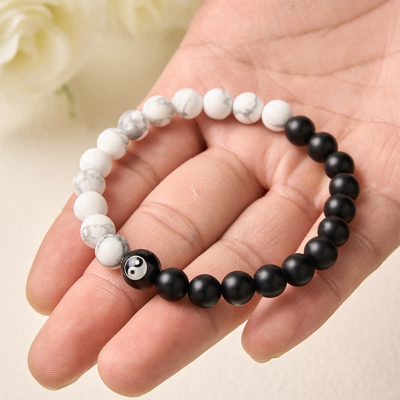 Buddha Stones Bracciale con perline rotonde Yin Yang in onice nera, turchese bianco e ossidiana nera, con motivo Yin Yang. - image 19
