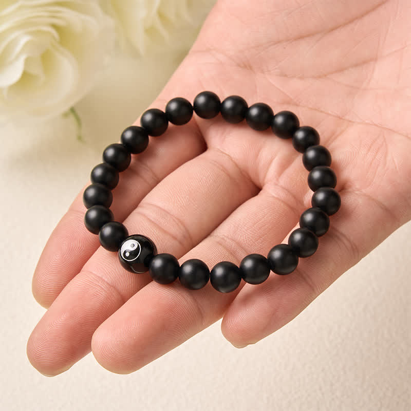 Buddha Stones Bracciale con perline rotonde Yin Yang in onice nera, turchese bianco e ossidiana nera, con motivo Yin Yang. - image 4