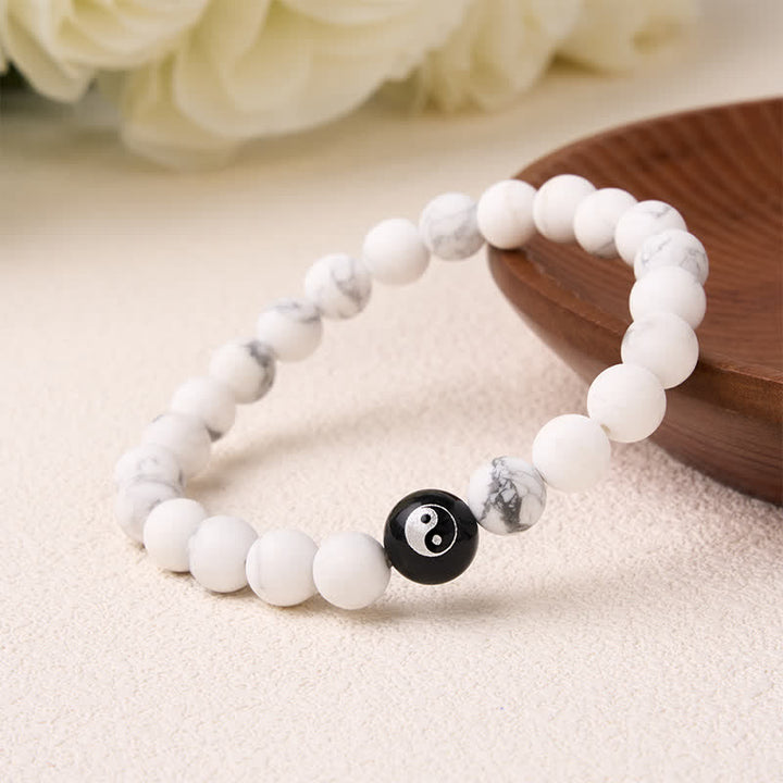 Buddha Stones Bracciale con perline rotonde Yin Yang in onice nera, turchese bianco e ossidiana nera, con motivo Yin Yang. - image 12