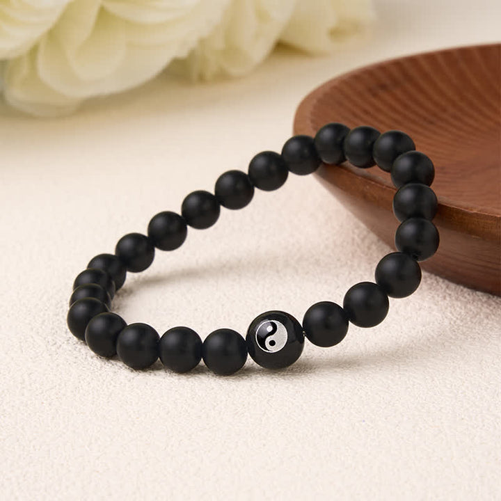 Buddha Stones Bracciale con perline rotonde Yin Yang in onice nera, turchese bianco e ossidiana nera, con motivo Yin Yang. - image 2