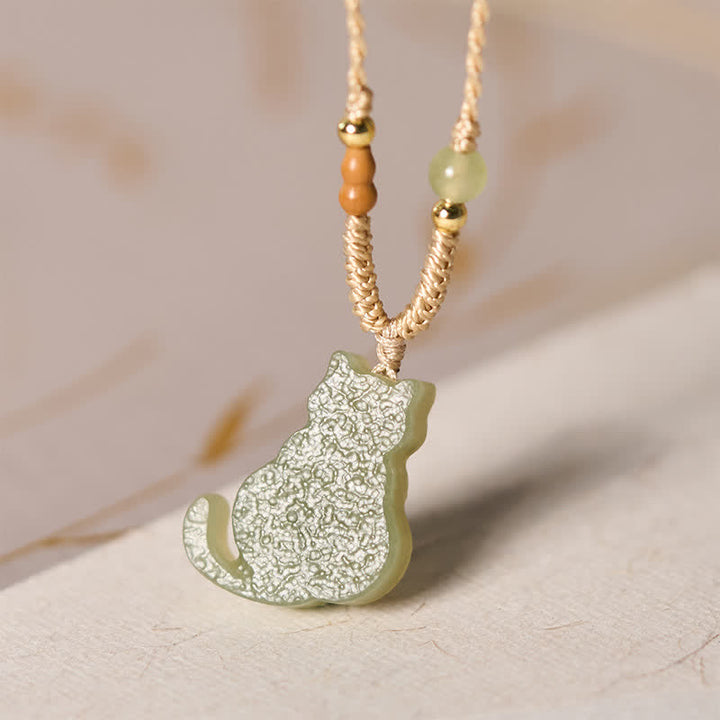 Buddha Stones Collana con ciondolo a forma di gatto in giada e cordino intrecciato, ideale per un'abbondanza di gioielli. - image 3