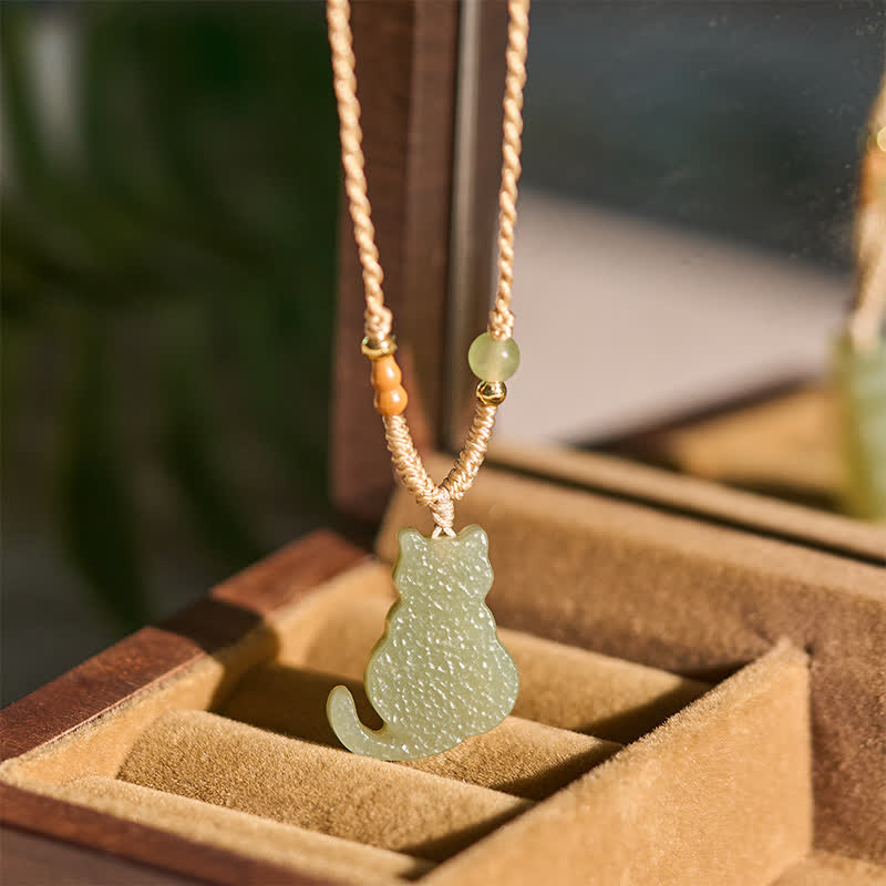 Buddha Stones Collana con ciondolo a forma di gatto in giada e cordino intrecciato, ideale per un'abbondanza di gioielli. - image 4