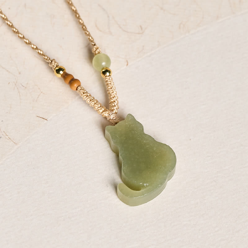 Buddha Stones Collana con ciondolo a forma di gatto in giada e cordino intrecciato, ideale per un'abbondanza di gioielli. - image 2