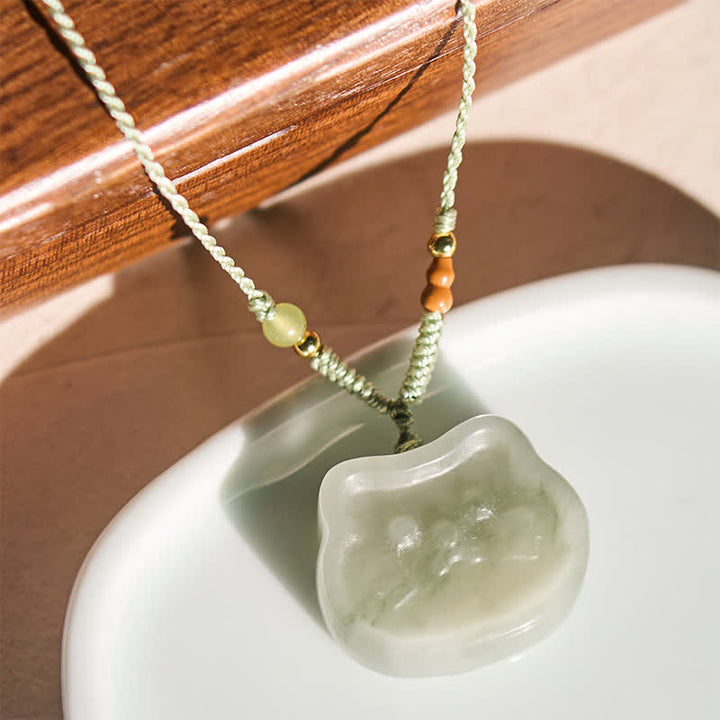 Buddha Stones Collana intrecciata a mano con gatto e giada naturale, simbolo di armonia - image 1